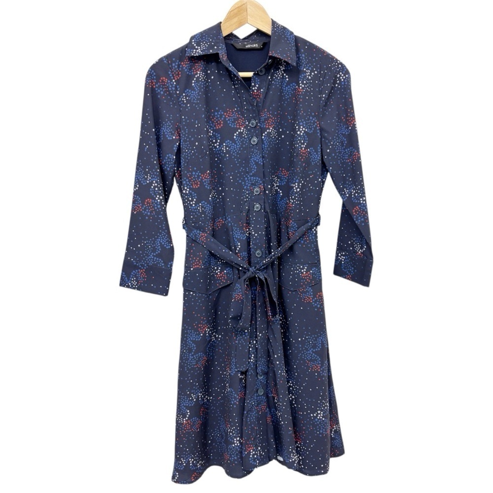 Red White Blue Star Pattern Navy Blue Long Sleeve Belted Shirt Dress july 4th